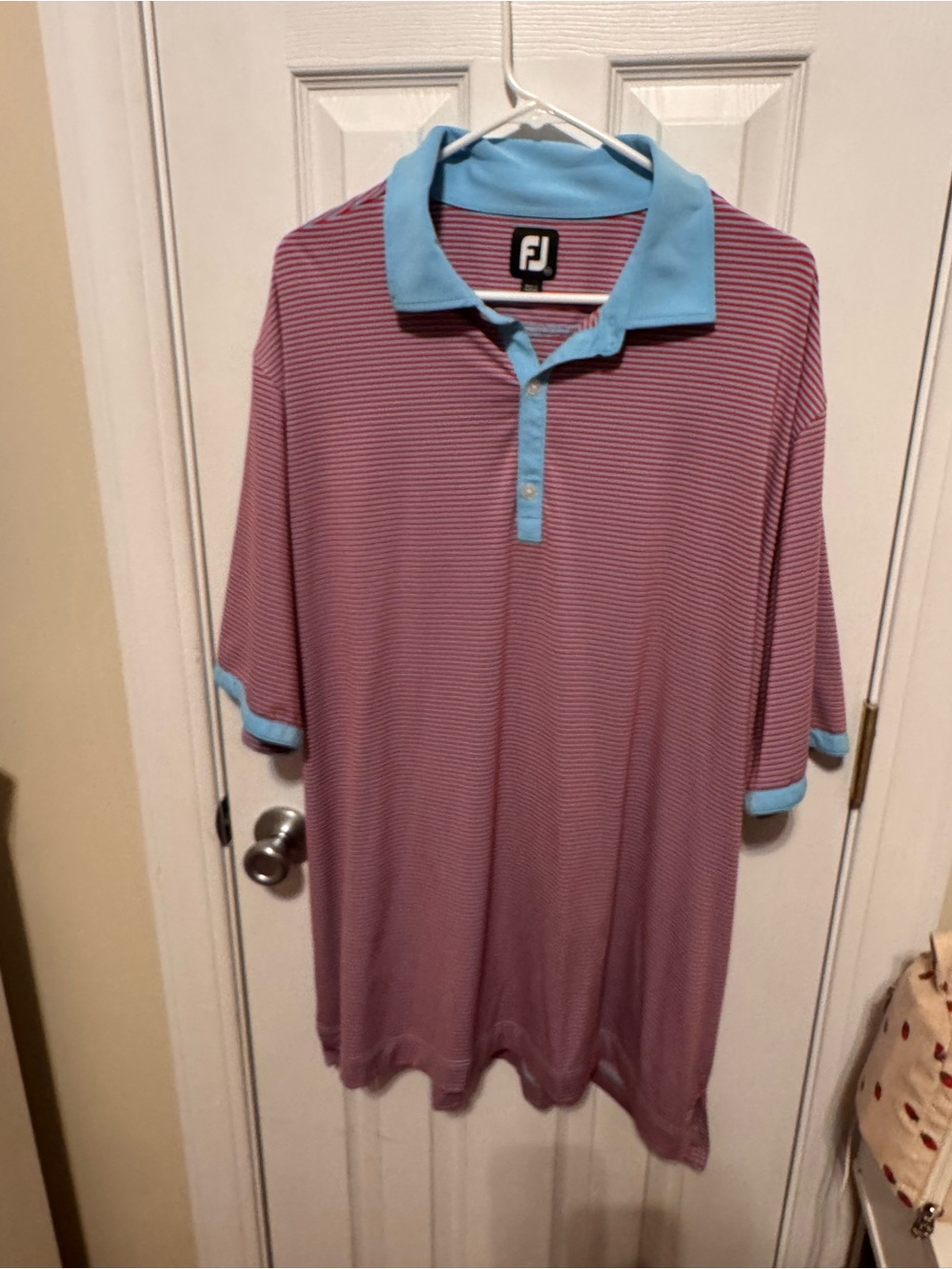 FootJoy Men’s Pink Striped Polo with Light Blue Collar